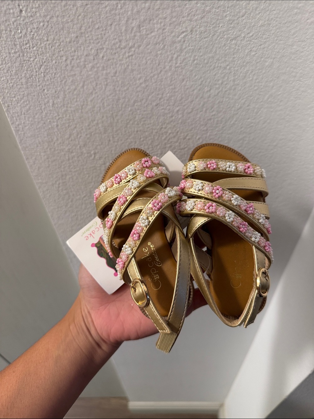 Girls' Gold Sandals with Pink & White Beaded Straps